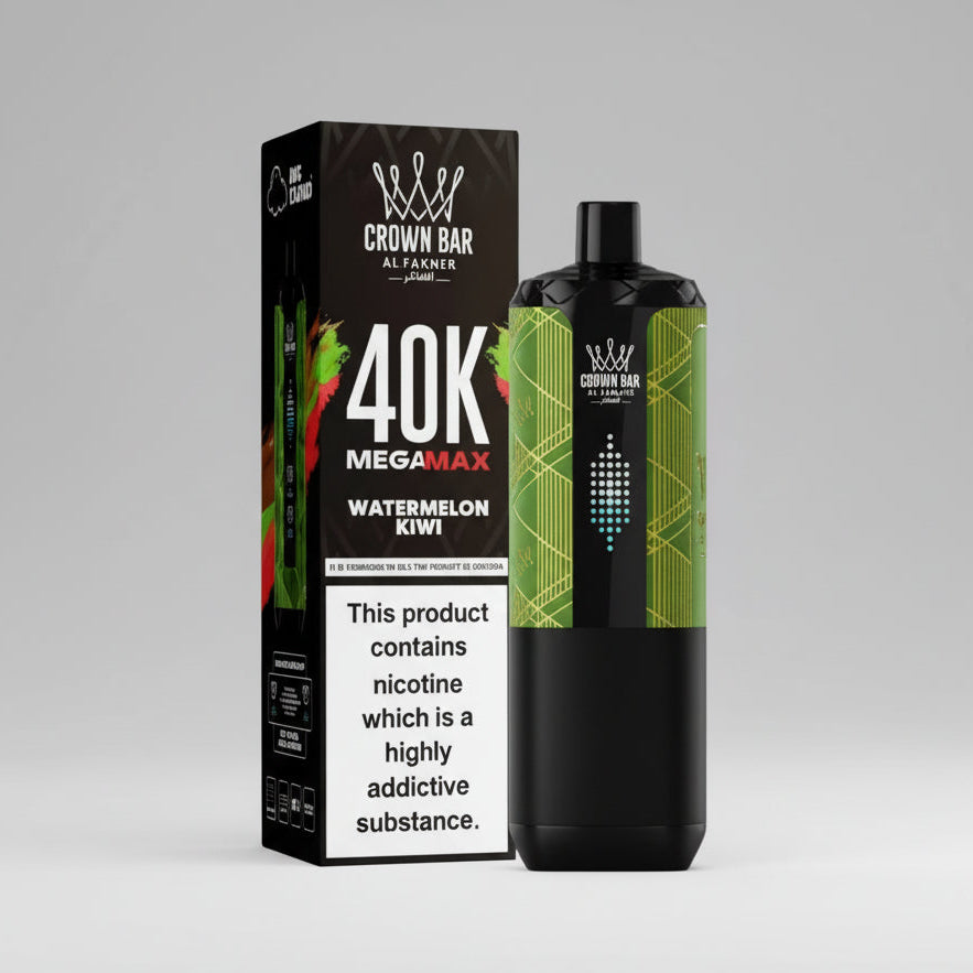 Crown Bar vape device and packaging with watermelon and kiwi graphics on a colorful background