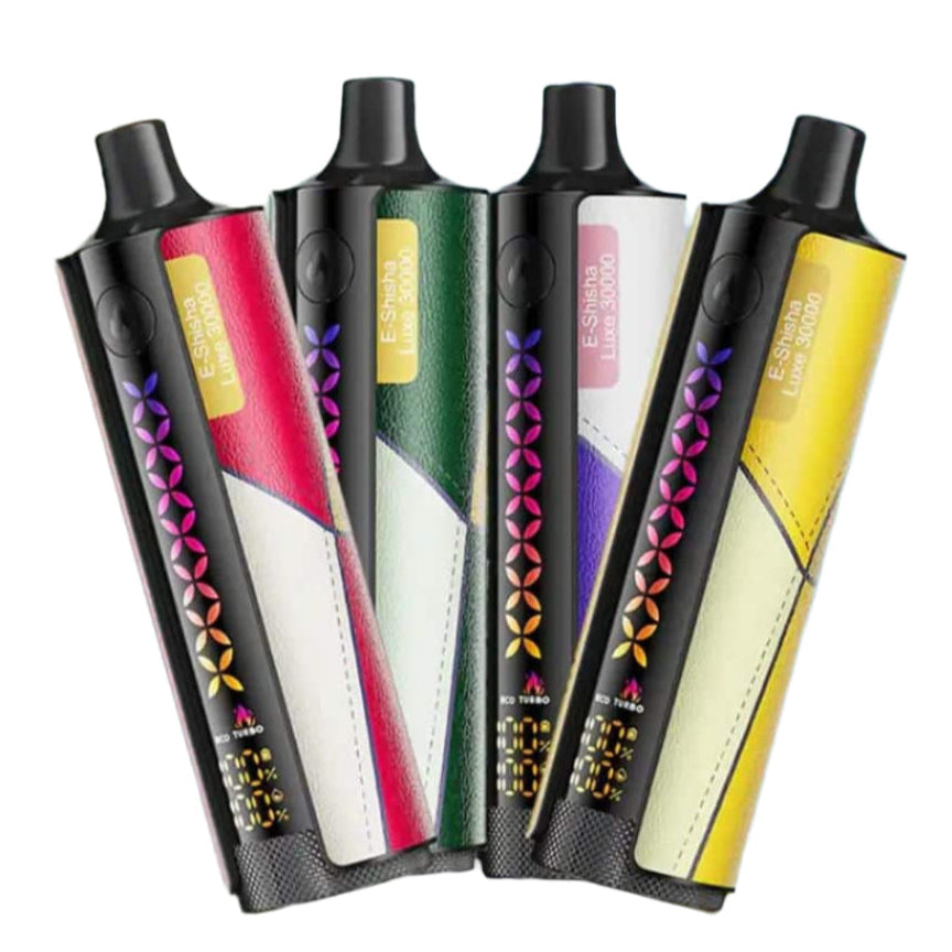 Elfbar E-Shisha Luxe vape devices with branding and specifications on a light blue background