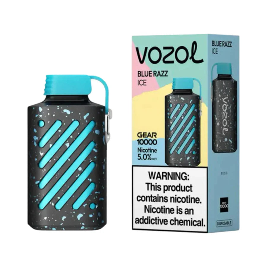 Vozol Gear 10000 disposable vape packaging showing the device with a black and blue design and 10,000 puffs indication, along with its box with similar color scheme.
