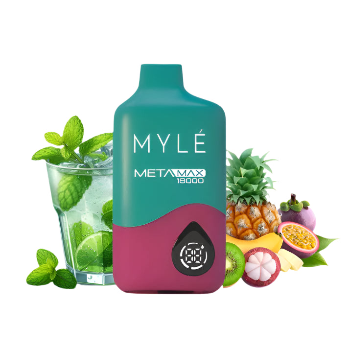 MYLE META MAX vape device with fruits and mint leaves on a white background