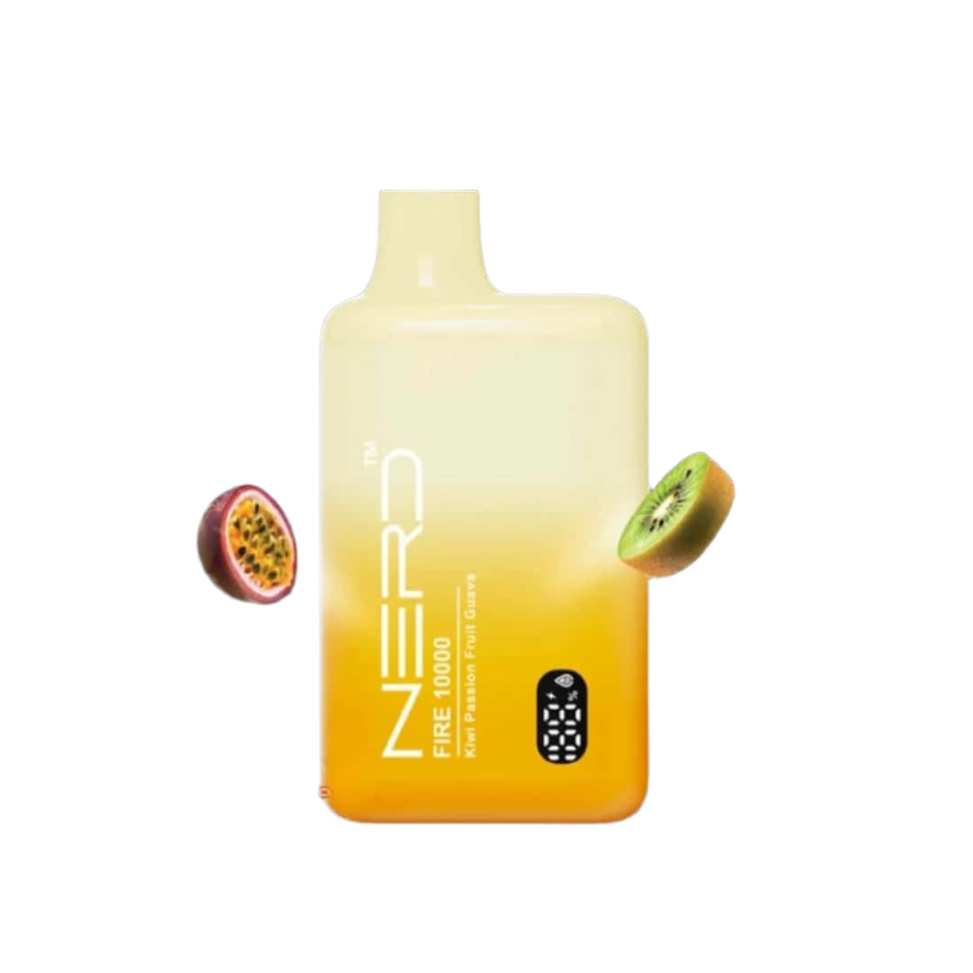 Vape device with gradient design featuring kiwi, passionfruit, and guava on a white background.