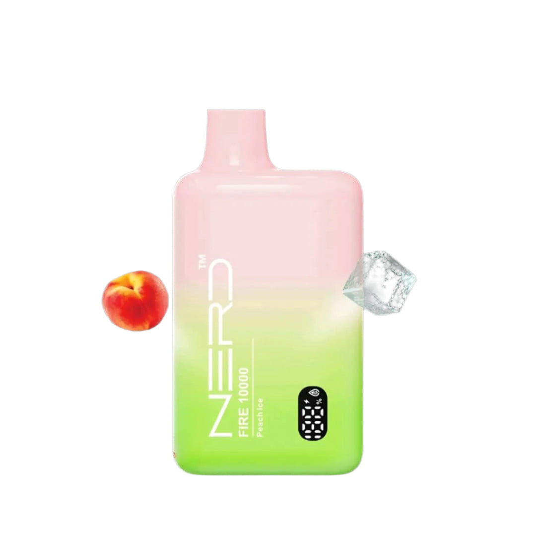 Vape device with gradient pink to green design, peach graphic, and ice cube on a white background.