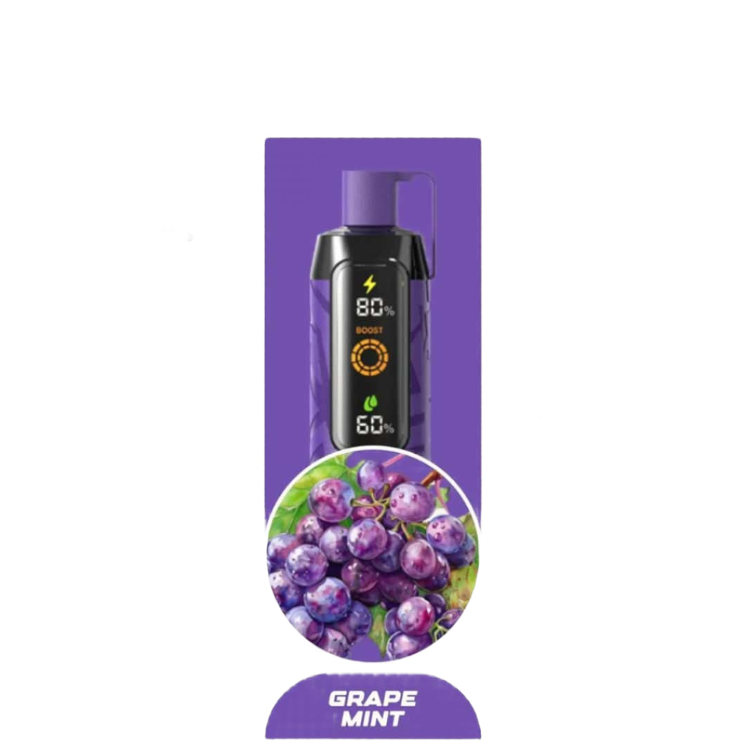 Vape device packaging with grape mint flavor on a white background
