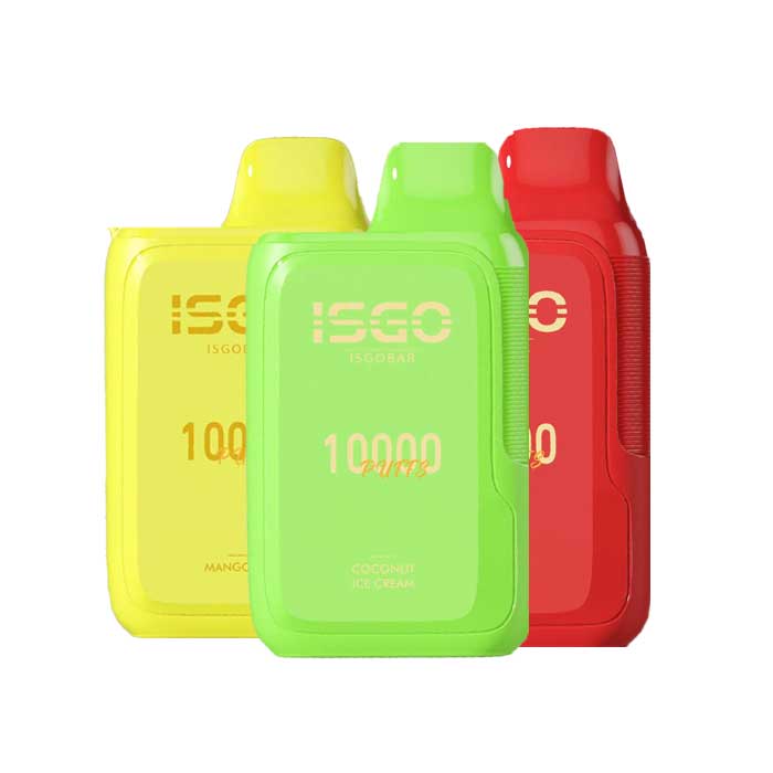 Three disposable vape devices from the ISGO Bar 10000 series in yellow, green, and red colors, each with the ISGO brand and the number 10000 displayed on the front.