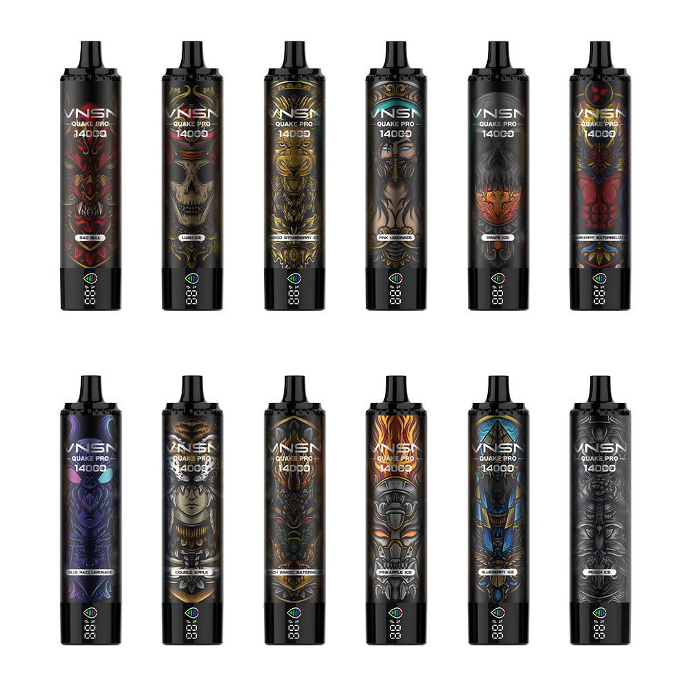 A collection of VNSN Quake Pro 14000 disposable vape devices in various colors, each with a sleek design and LED lighting at the base.