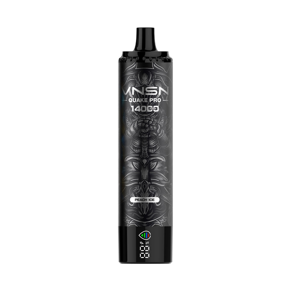A collection of VNSN Quake Pro 14000 disposable vape devices in various colors, each with a sleek design and LED lighting at the base.