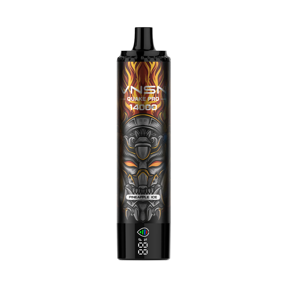 A collection of VNSN Quake Pro 14000 vapes in various flavors, each with a unique design on the body, predominantly in black with some having colorful accents.