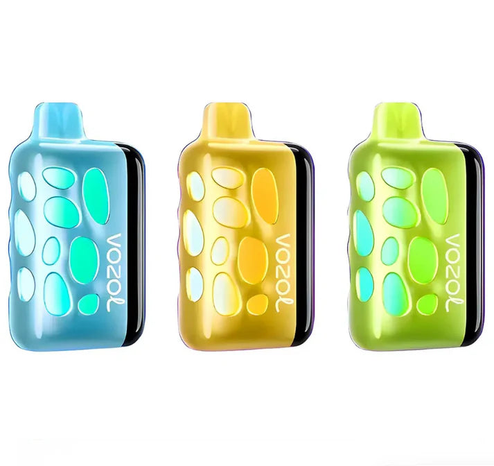 Three VOZOL Rave 40000 disposable vape devices in blue, yellow, and green colors with a patterned design.