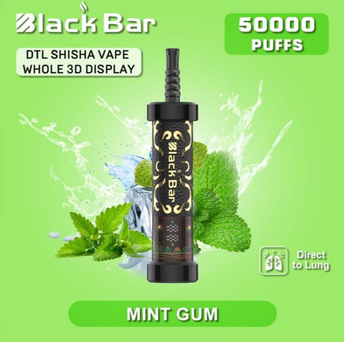 Black Bar DTL Shisha Vape with mint leaves on a green background