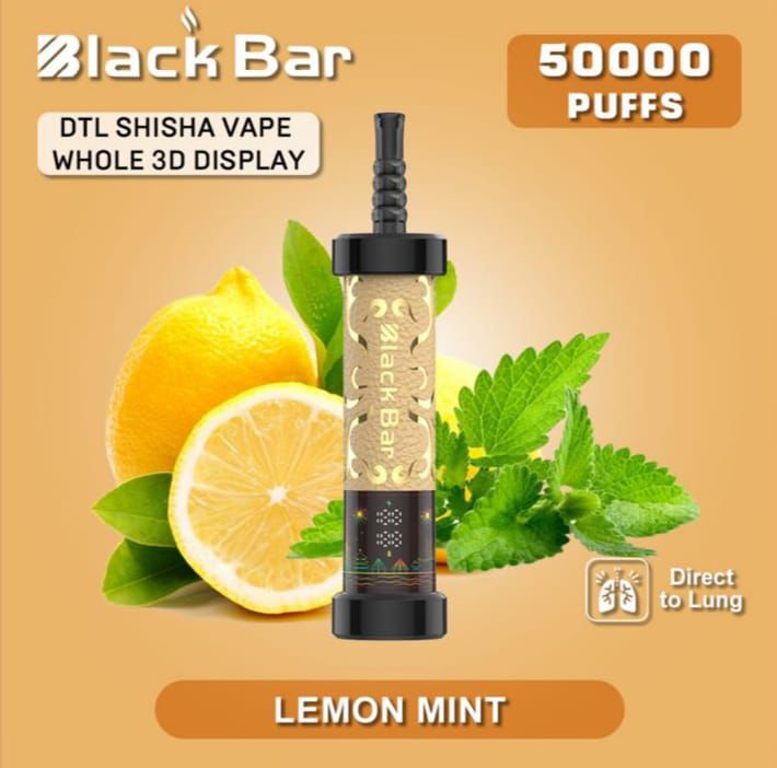 Shisha vape with lemon and mint leaves on a beige background, labeled 'Black Bar' and '50000 puffs'.