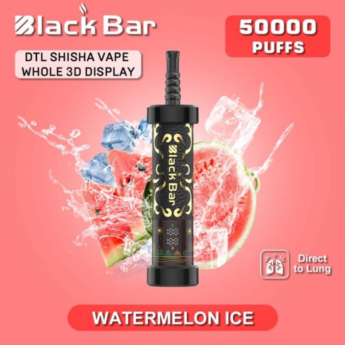Black Bar DTL Shisha Vape with watermelon ice flavor on a pink background