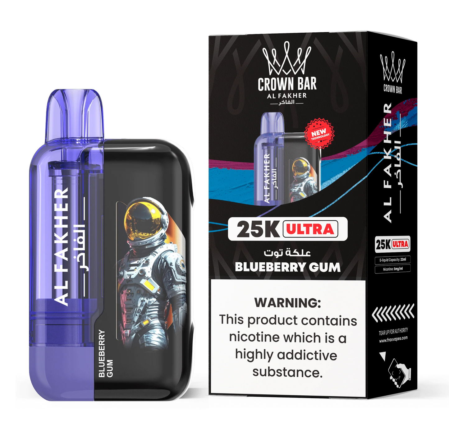 Al Fakher Ultra 25000 Puffs Disposable Vape in Blueberry Gum flavor – sleek black and purple design with astronaut-themed packaging.