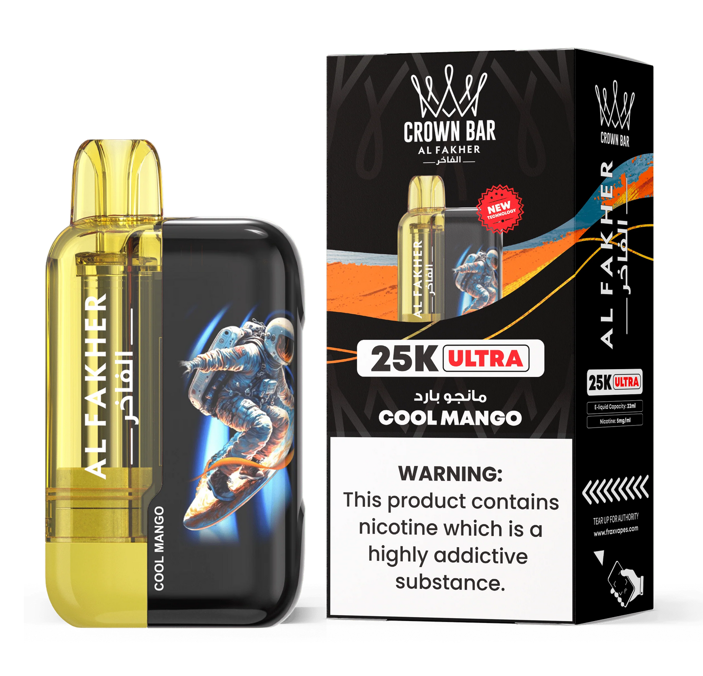 Al Fakher Ultra 25000 Puffs Disposable Vape in Cool Mango flavor – vibrant yellow and green device with tropical-themed packaging.