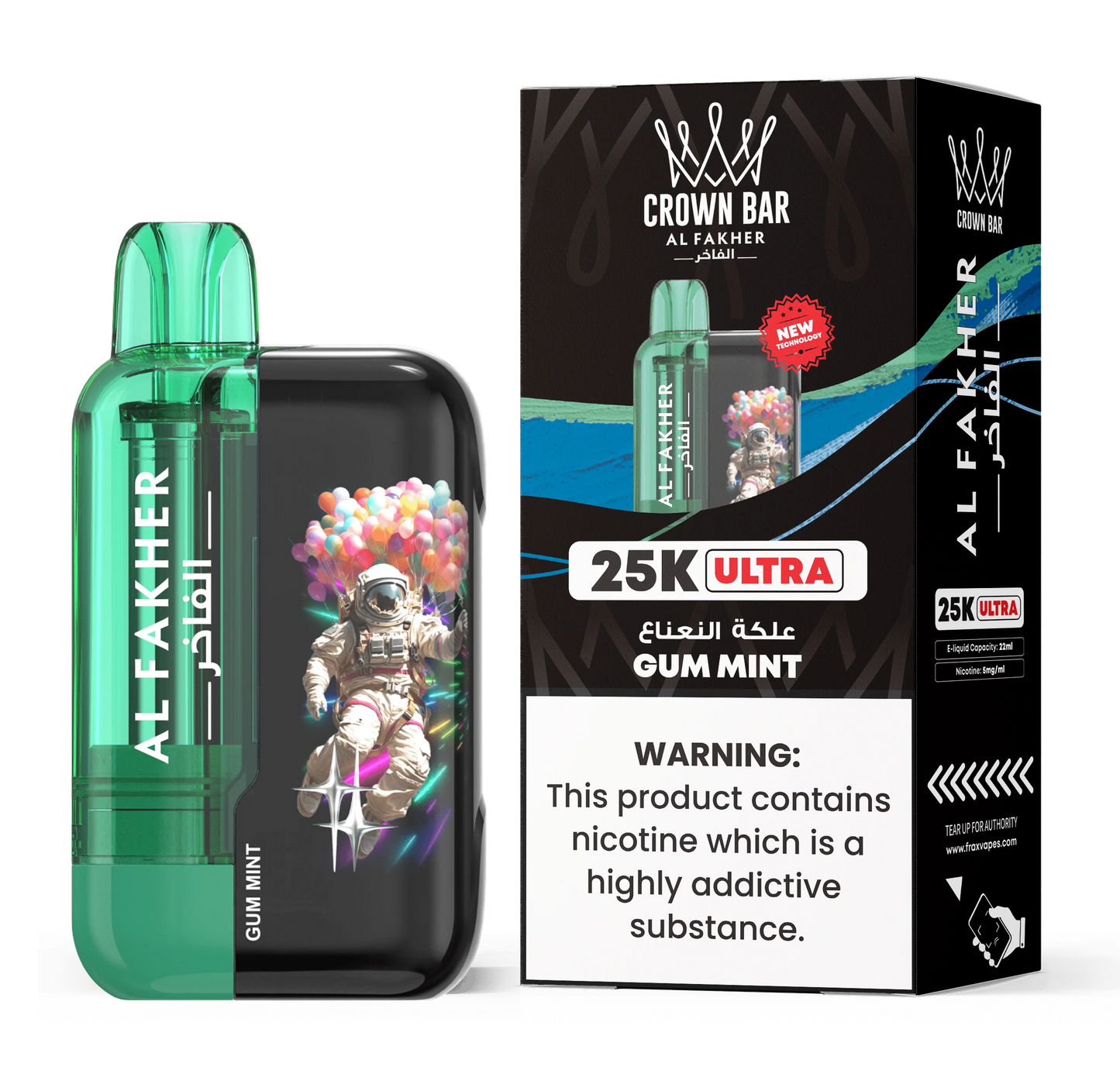 Al Fakher Ultra 25000 Puffs Disposable Vape in Gum Mint flavor – refreshing teal-colored device accompanied by mint leaf imagery.
