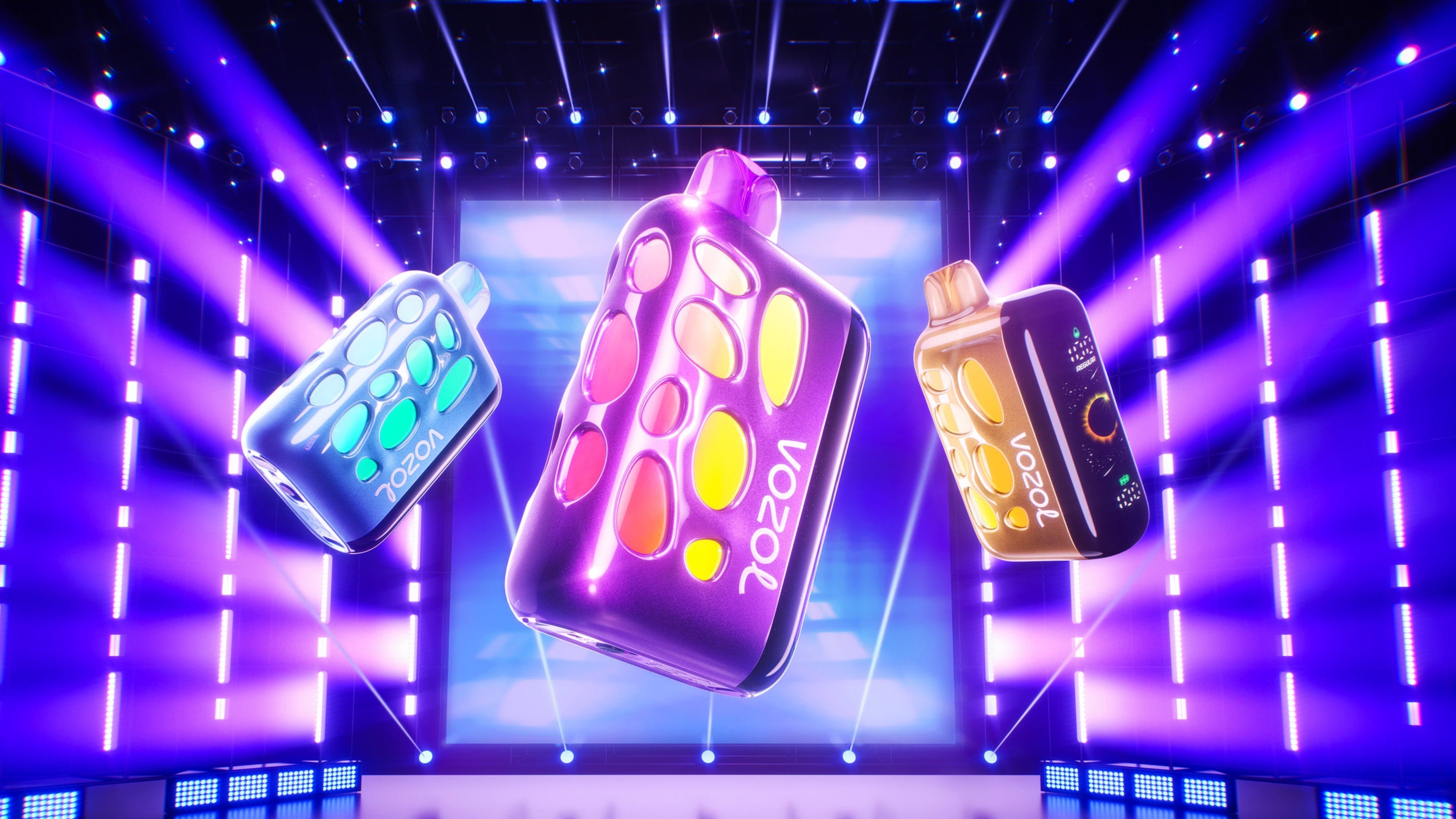 Three colorful bottles with labels on a stage-like background with purple lighting