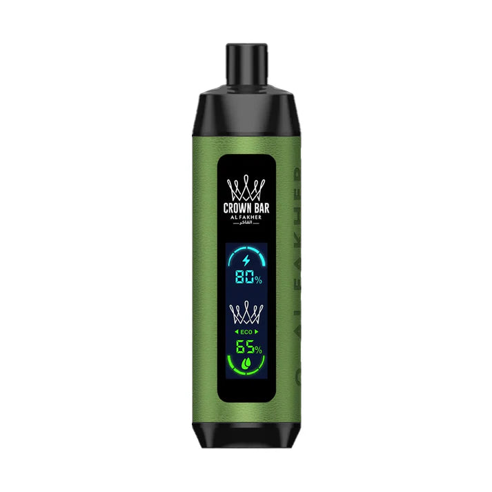 An Al Fakher Crown Bar disposable vape device in green color with a digital display indicating 8000 puffs, nicotine strength, and flavor.
