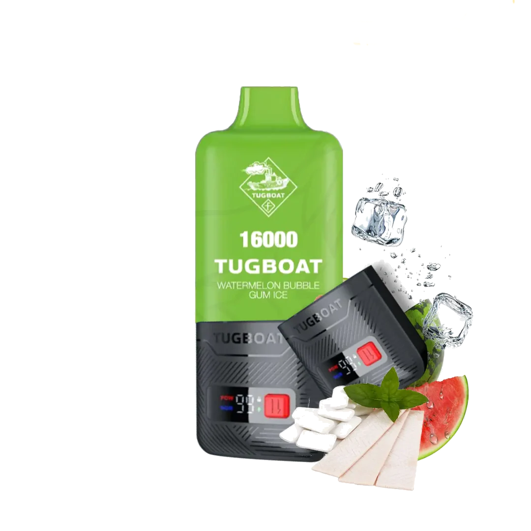 Disposable electronic cigarette from Tugboat with a digital puff count display, accompanied by a rechargeable mod device, in a green and black color scheme with watermelon slices and ice cubes in the foreground.