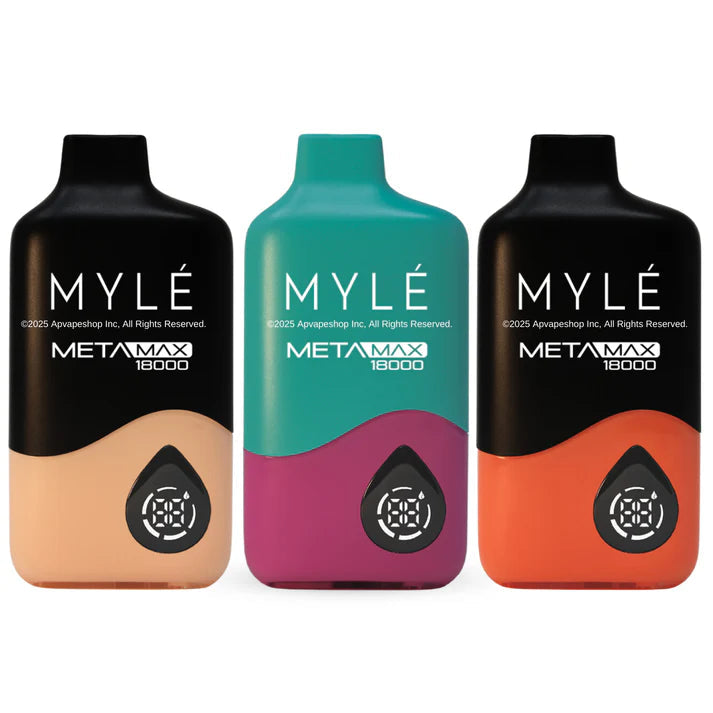 Three MYLE META MAX 18000 vape devices in different colors on a white background.