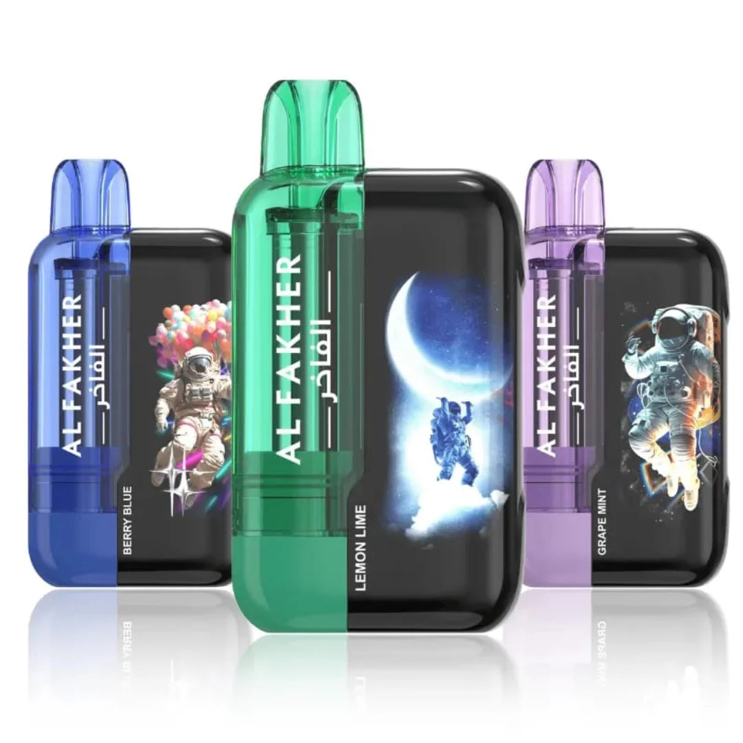 Three Al Fakher vape devices in blue, green, and purple with colorful packaging on a white background.