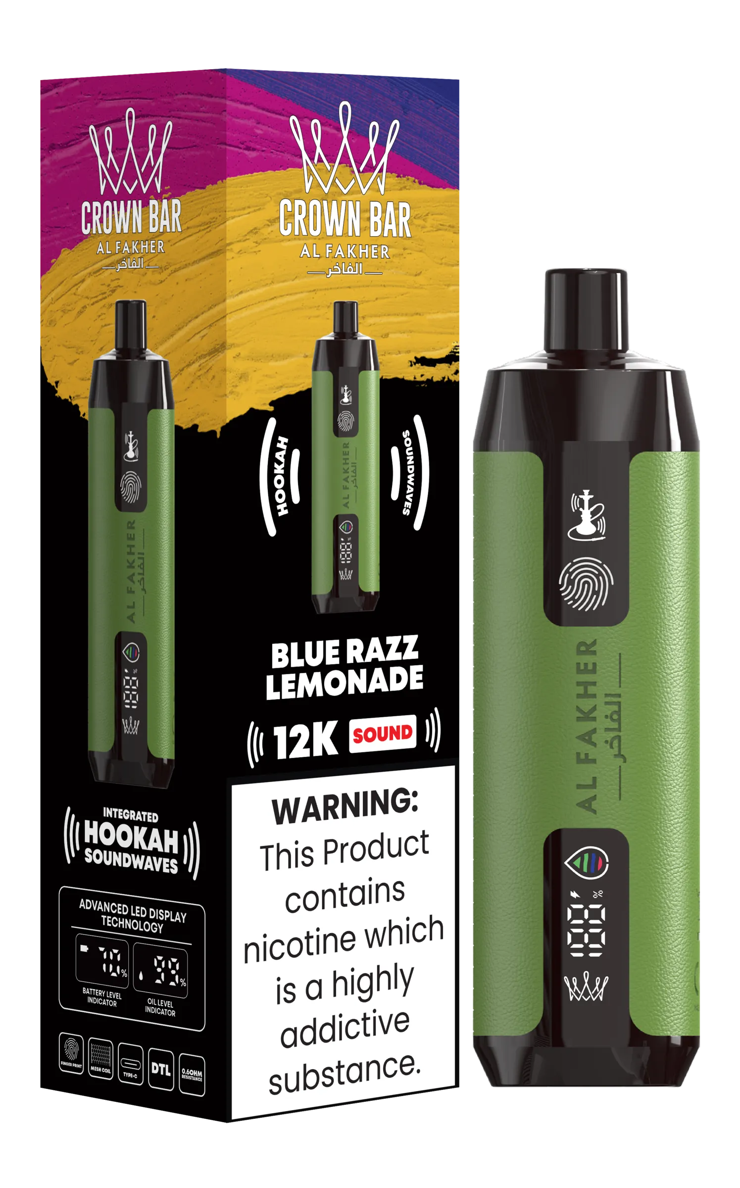 Green vape device with packaging featuring 'Crown Bar' branding on a white background.