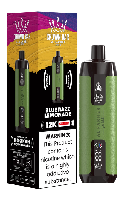 Green vape device with packaging featuring 'Crown Bar' branding on a white background.