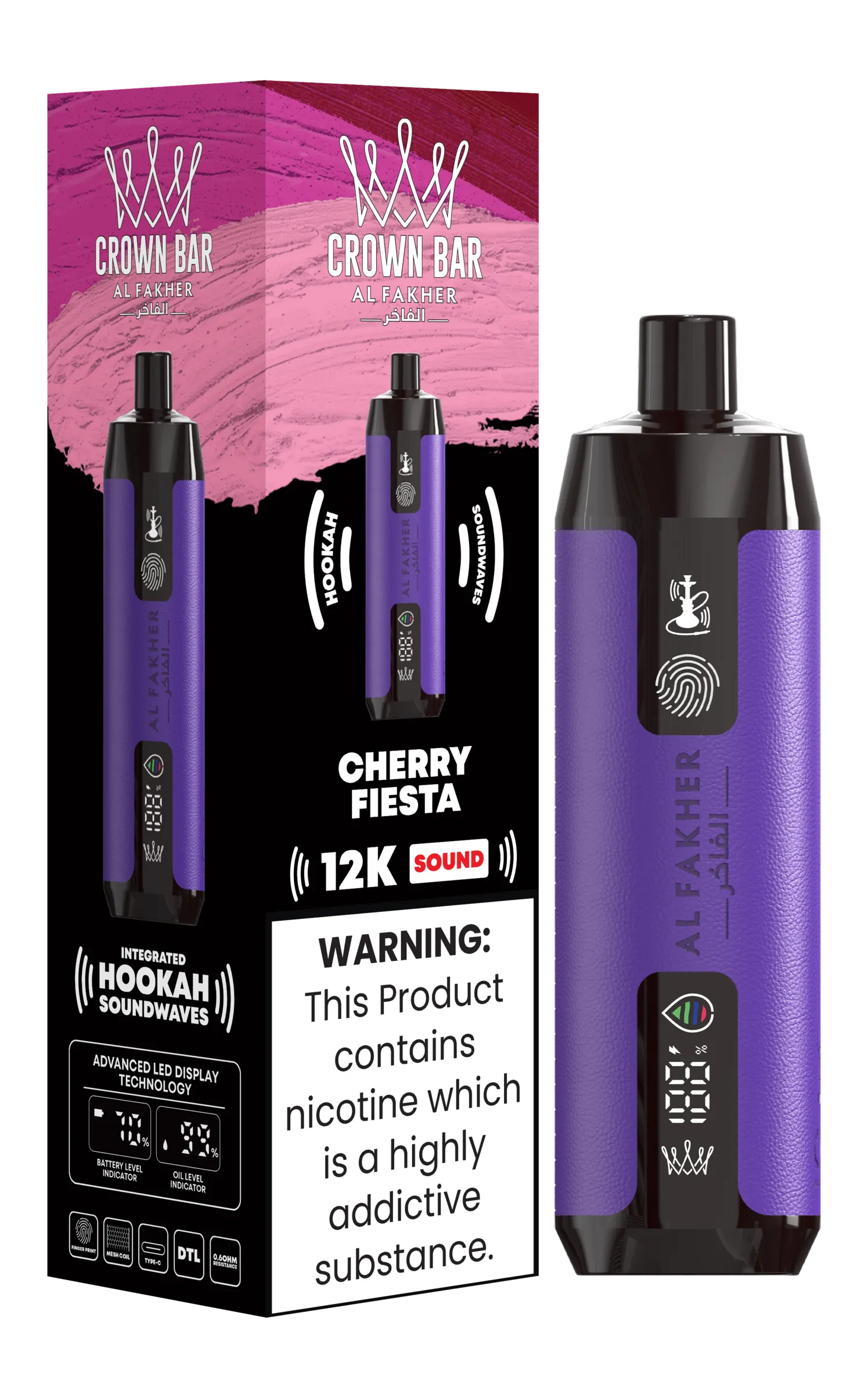 Purple electronic device with packaging labeled 'Crown Bar' on a white background