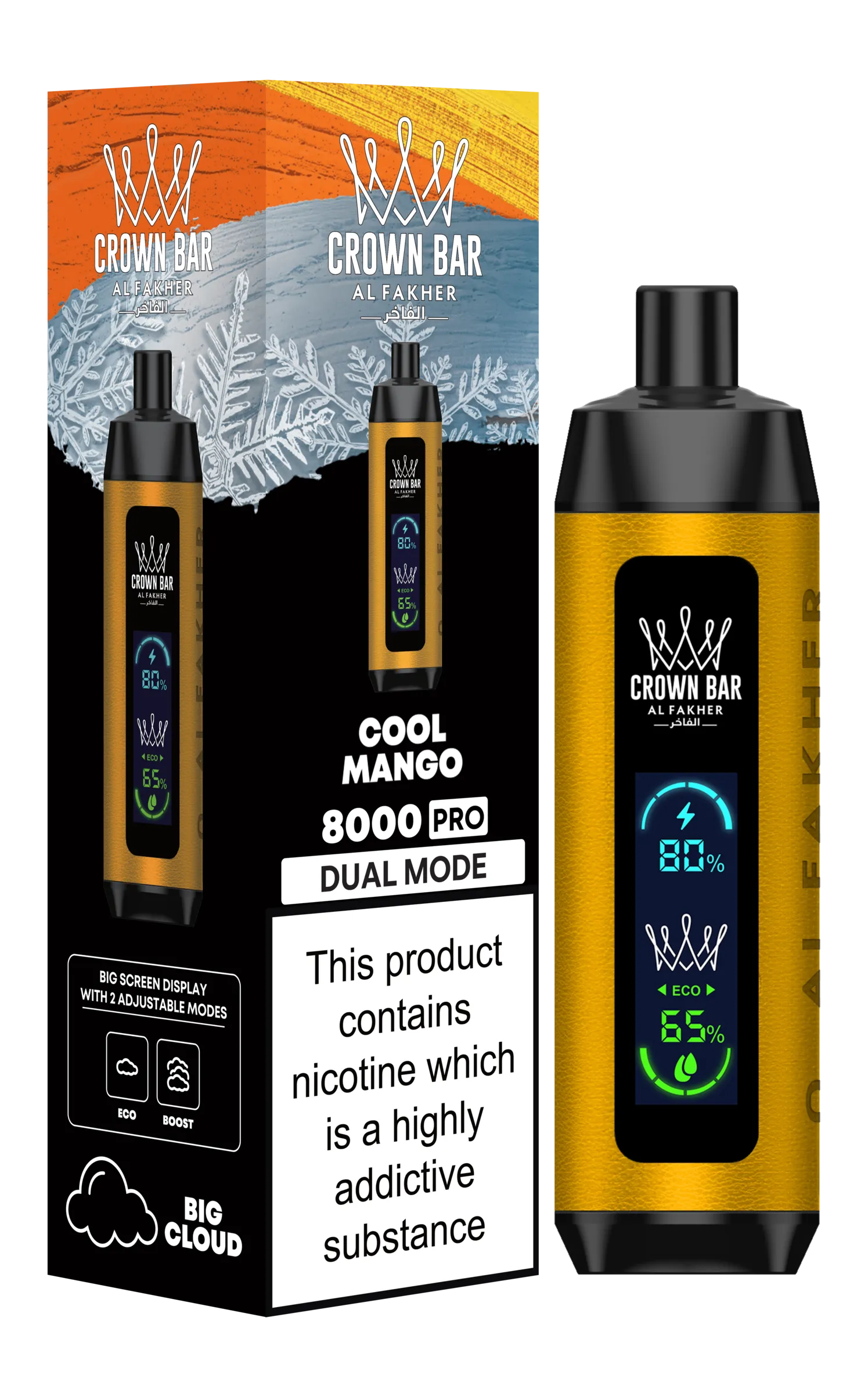 Crown Bar vape device and packaging on a white background
