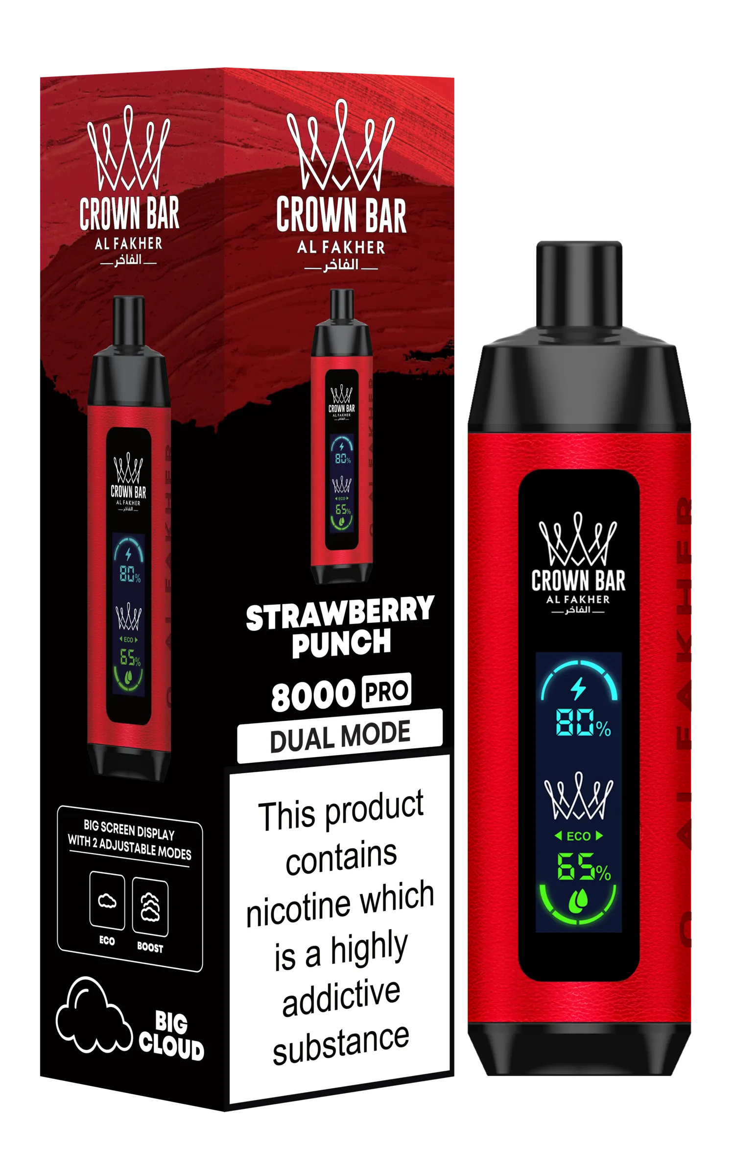 Red Crown Bar vape device with packaging on a white background