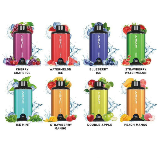ABAC vape devices with different flavors and colors on a white background, featuring the brand 'MyVapeDubai'.