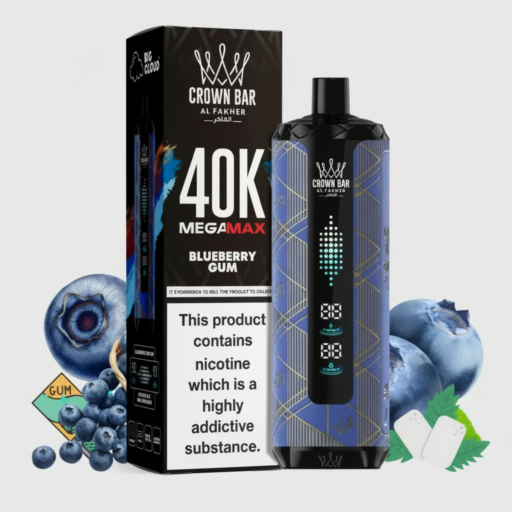 Crown Bar Al Fakher vape device and packaging with blueberries and gum on a light gray background