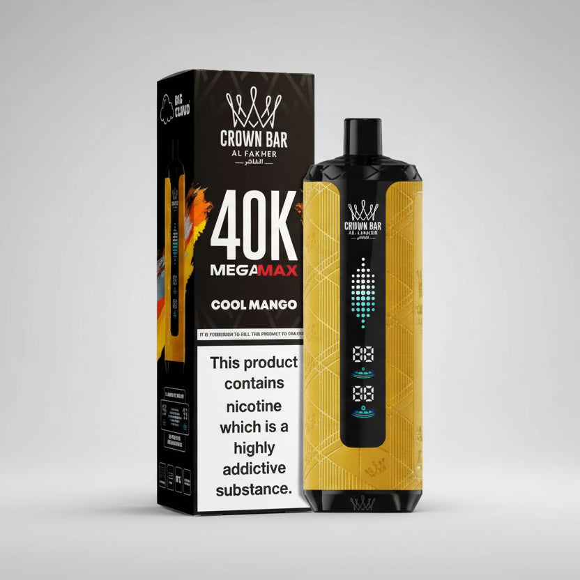 Crown Bar 40K Megamax Cool Mango vape device and packaging on a gray background