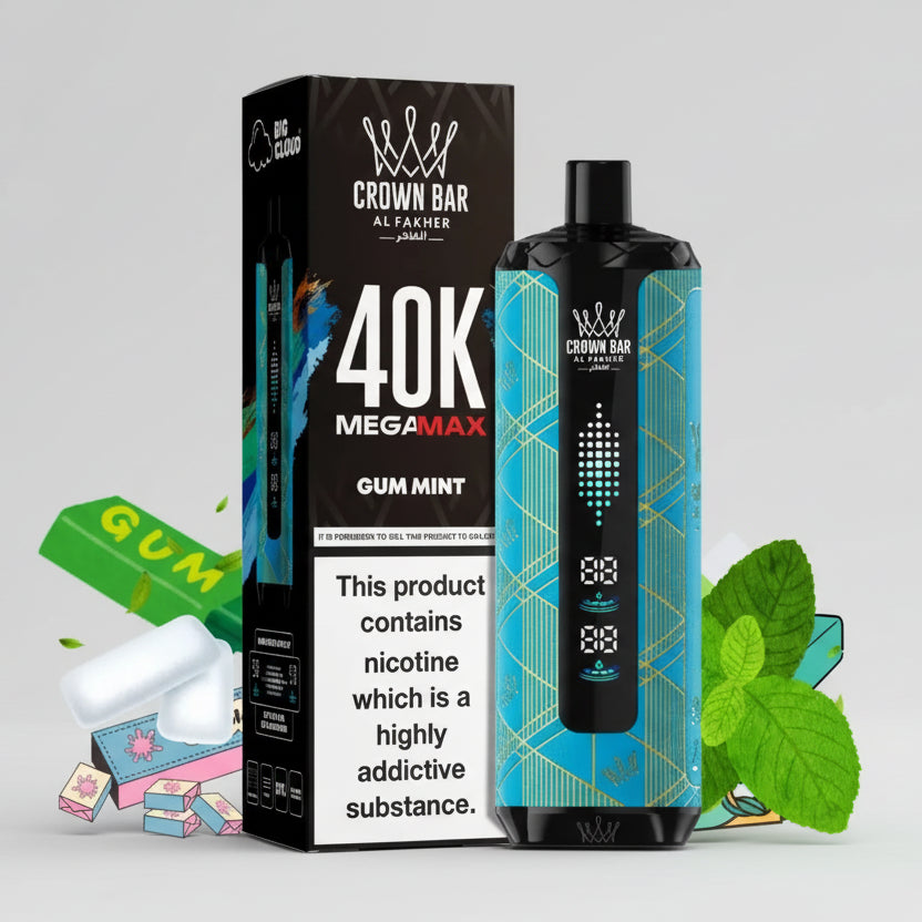 Crown Bar vape device and packaging with mint leaves on a light blue background