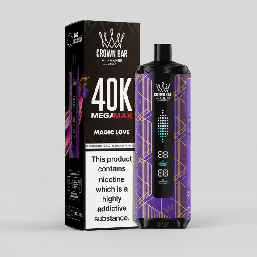 Crown Bar vape device and packaging with fruit graphics on a white background