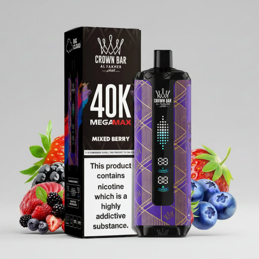 Vape device and packaging with 'Crown Bar' branding and fruit graphics on a white background