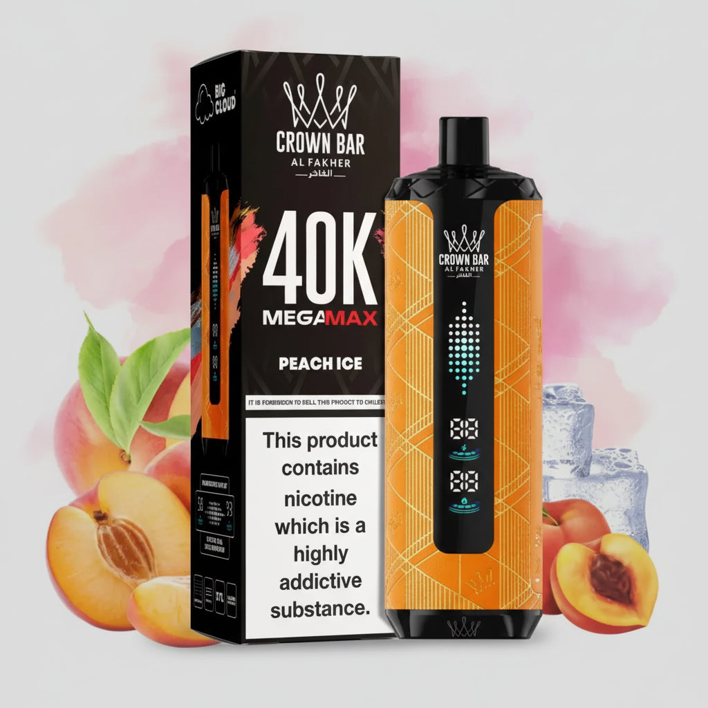 Crown Bar vape device and packaging with peach ice flavor on a colorful background