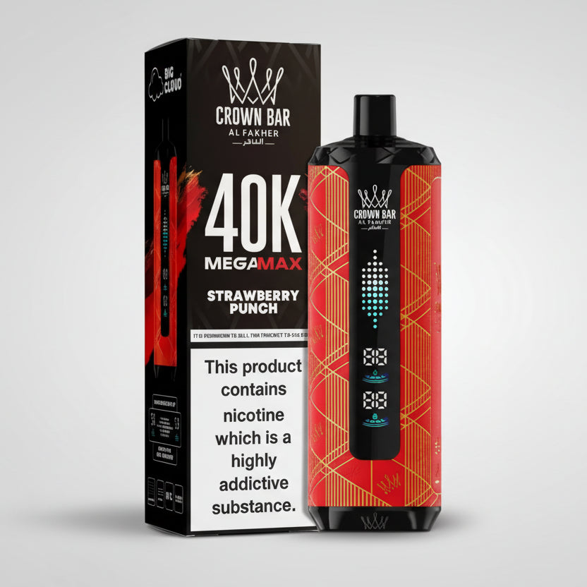Crown Bar 40K Megamax Strawberry Punch vape device and packaging on a light gray background