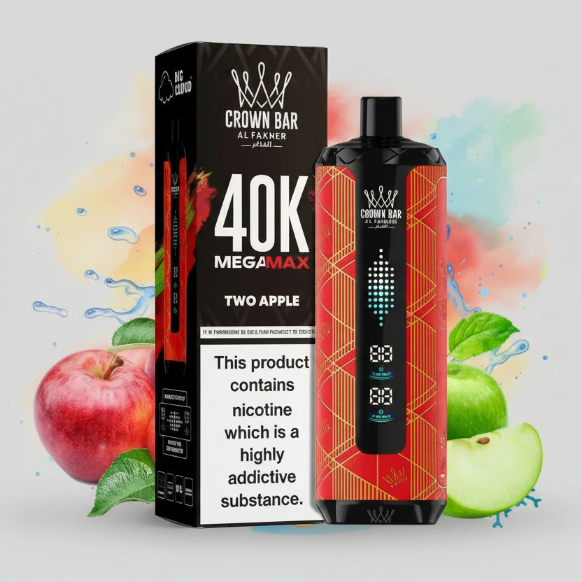 Crown Bar vape device and packaging with nicotine warning label on a colorful background