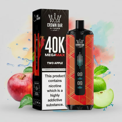 Crown Bar vape device and packaging with nicotine warning label on a colorful background