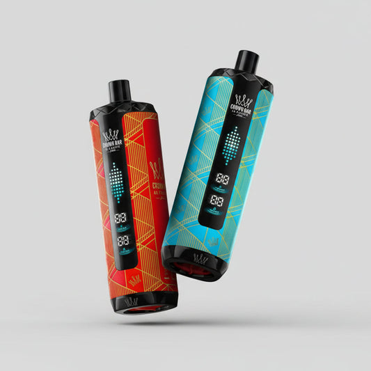 Two Al Fakher Mega Max 40000 puffs  vape devices with digital displays on a gray background