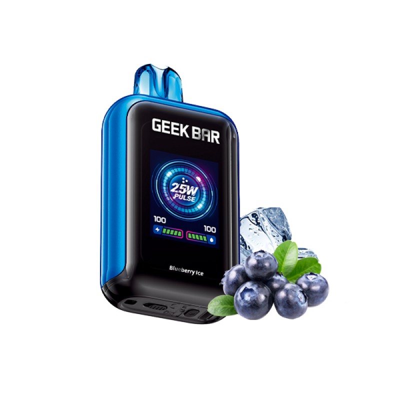 Geek Bar vape device with blueberry and ice elements on a white background