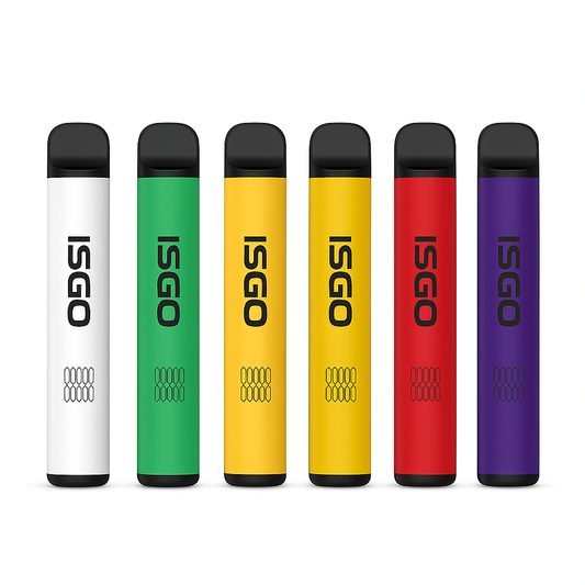 A collection of ISGO Vegas 2800 puffs disposable vapes in various colors lined up next to each other.