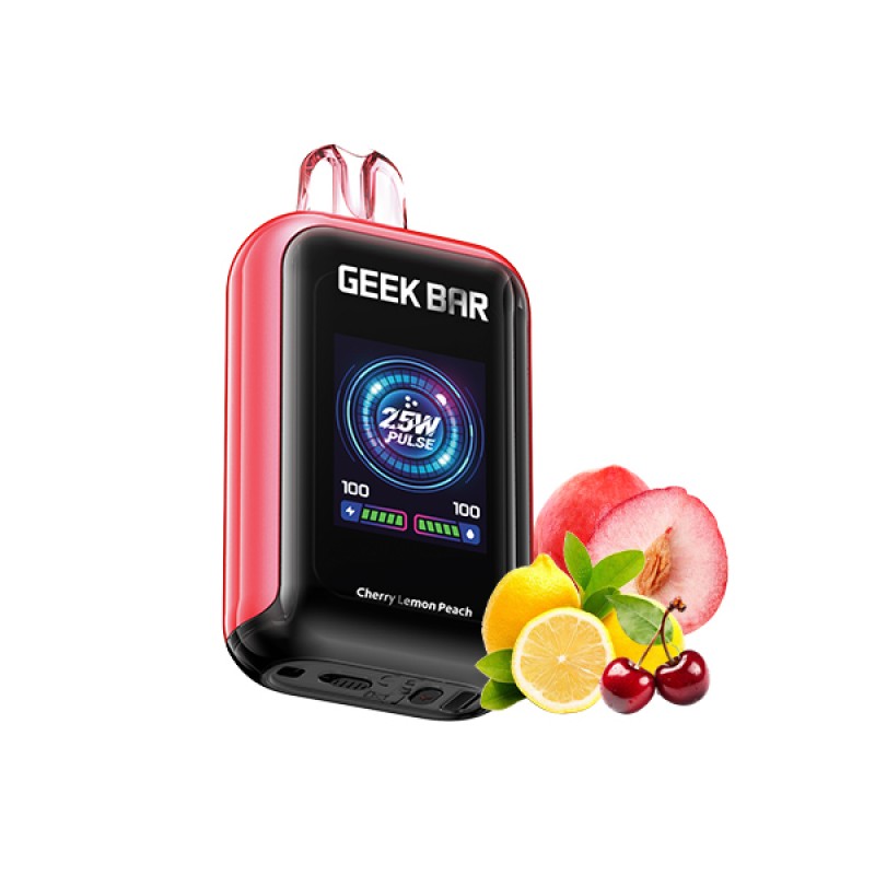 Geek Bar vape device with fruit illustrations on a white background