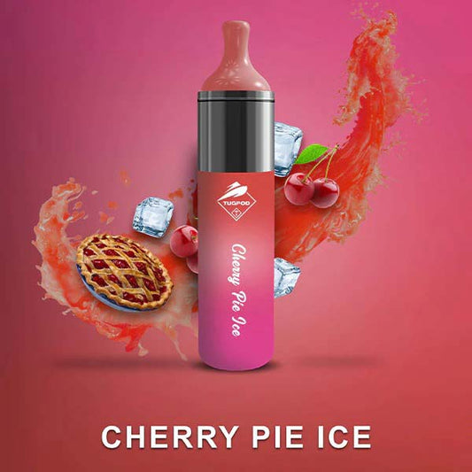 An image of a Tugboat Evo 4500 disposable vape device with a cherry pie ice flavor, depicted with cherries, pie, and ice cubes in the background.