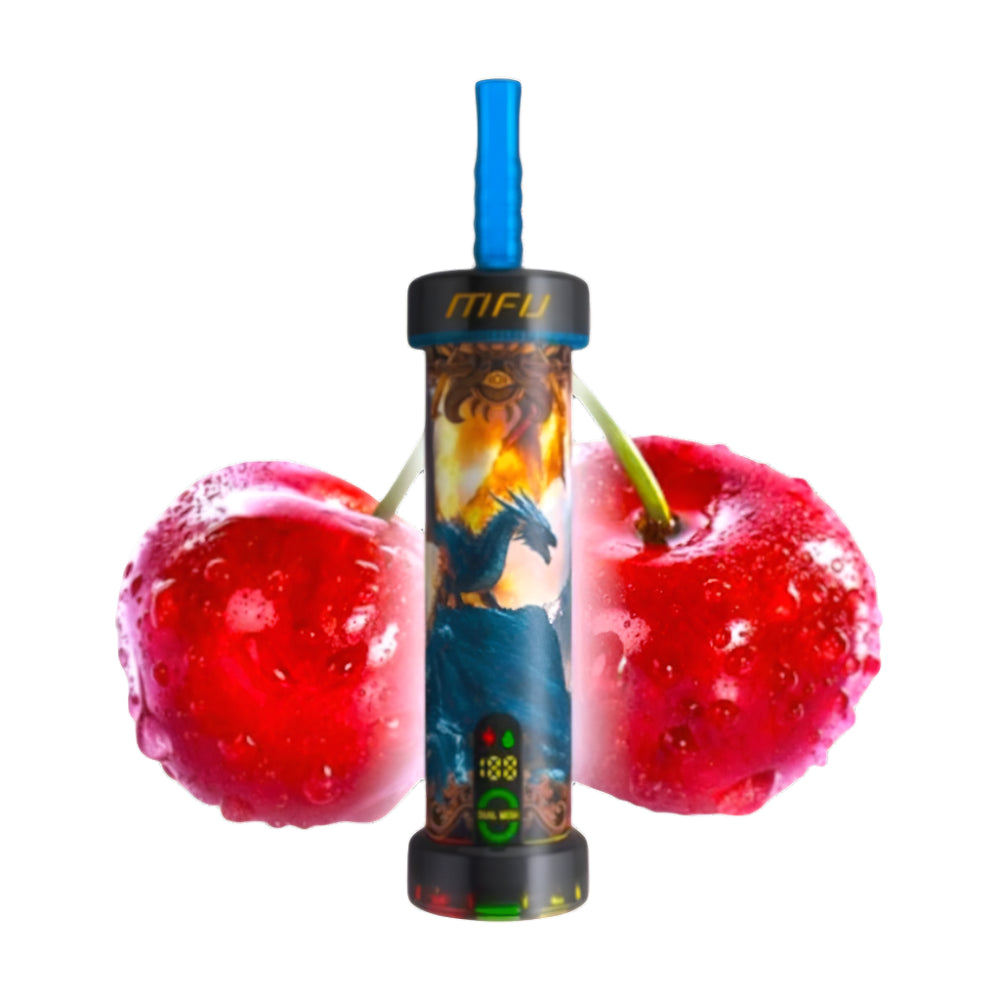 Vape device with cherry graphics on a white background