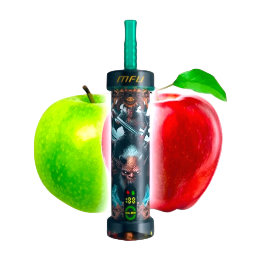 Vape device with colorful design between two apples on a white background