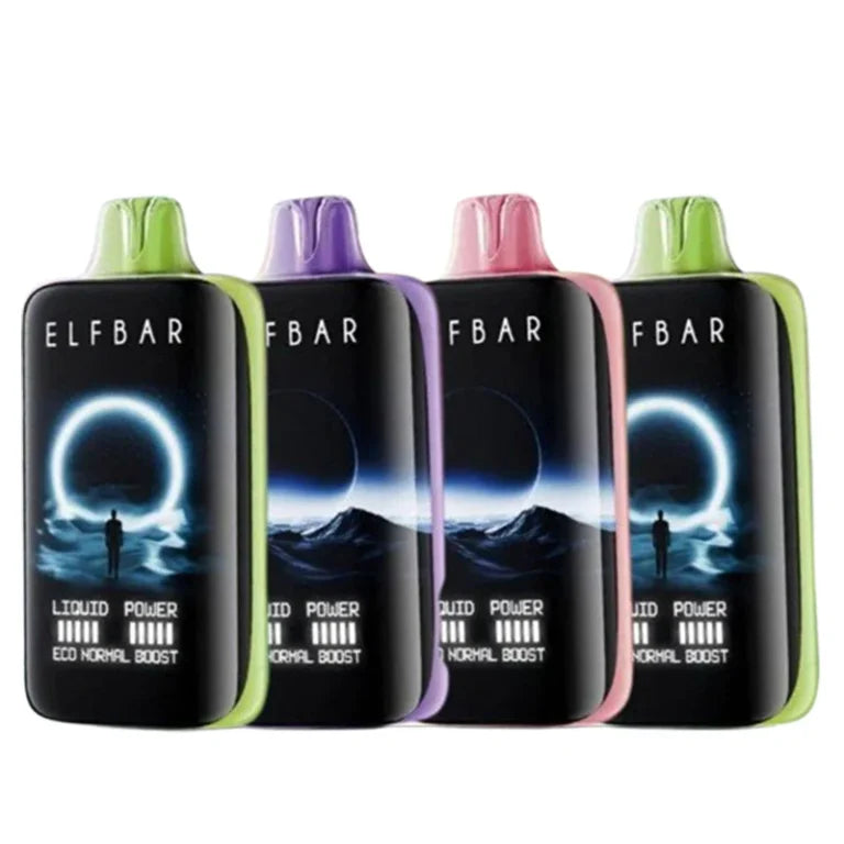 Four ELF BAR FBAR vape devices with different colored tops on a white background