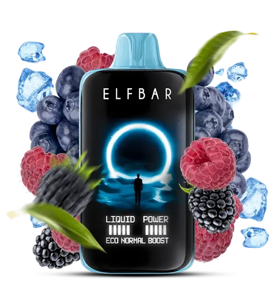 Elfbar vape device surrounded by berries and ice cubes on a white background