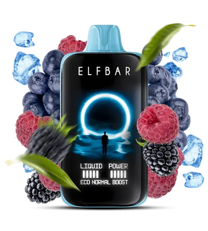 Elfbar vape device surrounded by berries and ice cubes on a white background