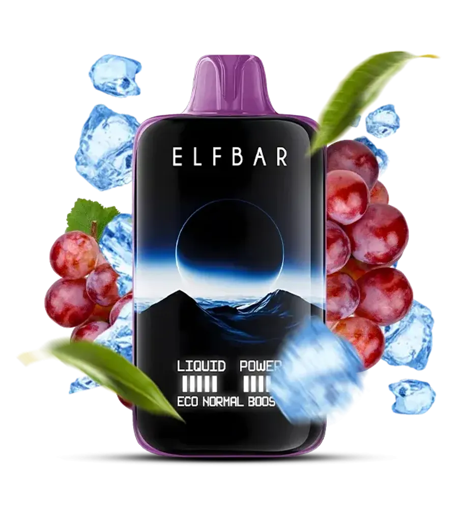 Elfbar vape device with grapes and ice cubes on a white background