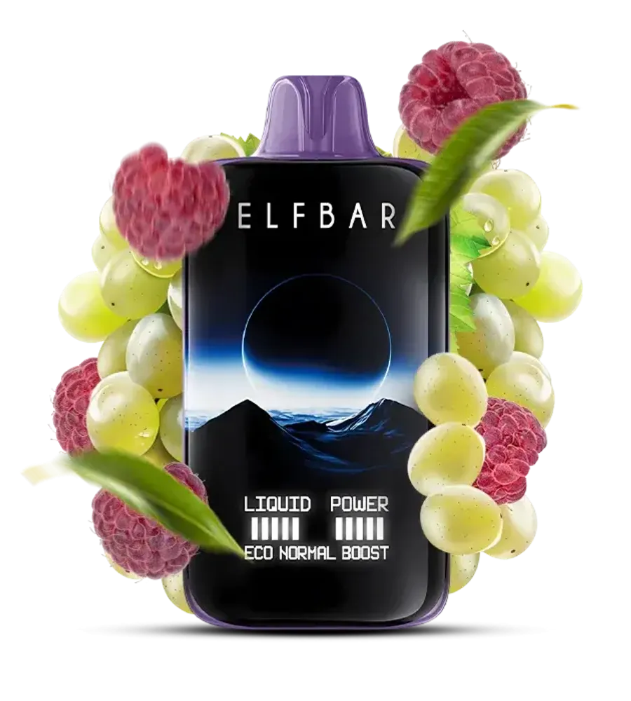 Elfbar vape device surrounded by fruits on a white background